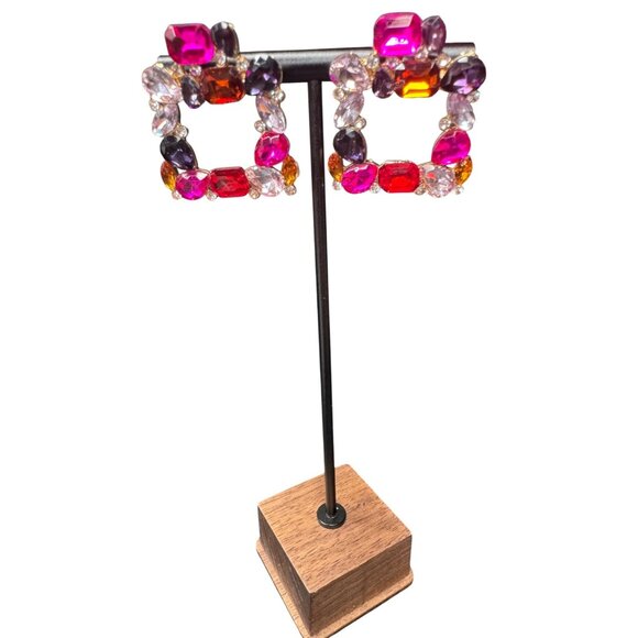 3/$35 Bohemian Square Golden Vintage Rhinestone Geometric Statement Earrings - Picture 3 of 5